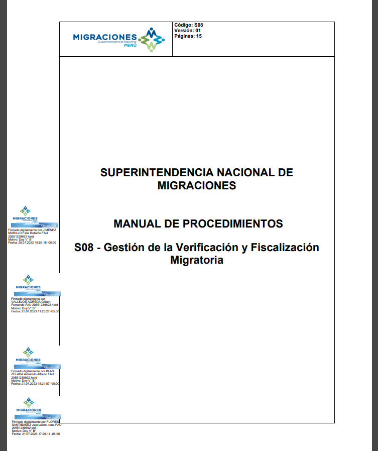 Vista preliminar de documento MAPRO S08 - Gestión de la Verificación y Fiscalización Migratoria