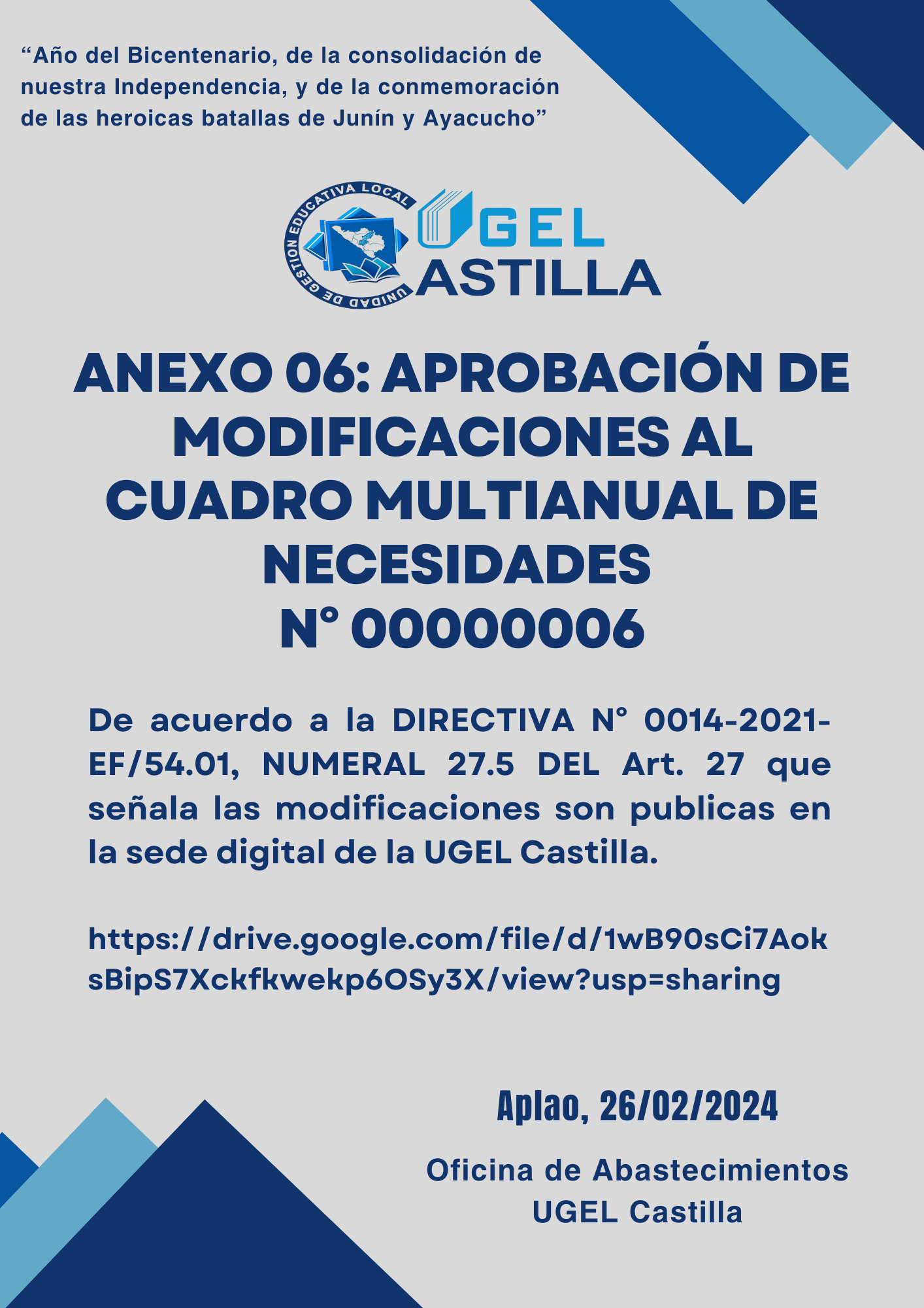Vista preliminar de documento ANEXO 06 APROBACIÓN DE MODIFICACIONES AL CUADRO MULTIANUAL DE NECESIDADES N° 00000006 UGEL Castilla