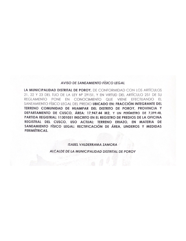 Vista preliminar de documento AVISO DE SANEAMIENTO LEGAL