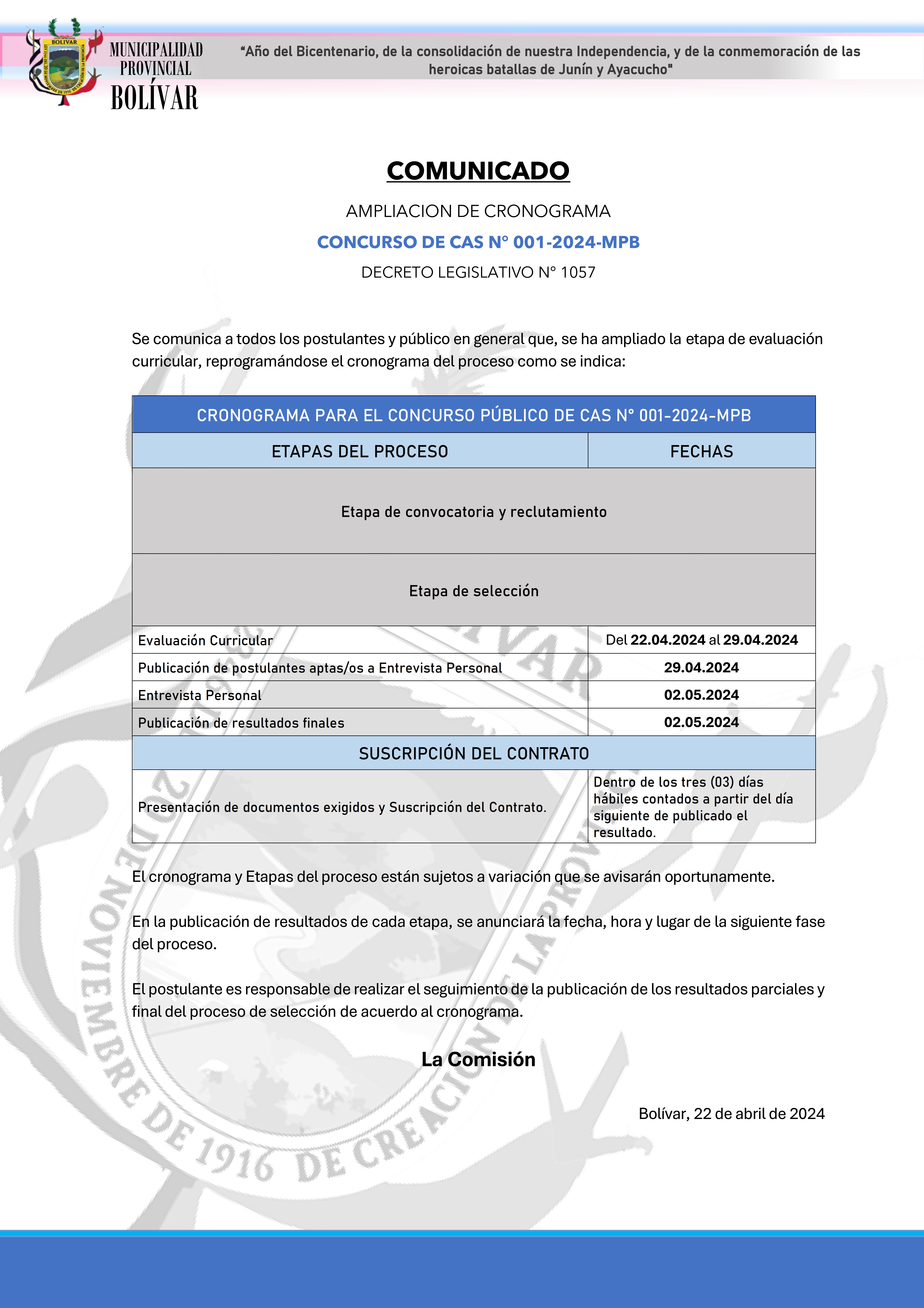 Vista preliminar de documento COMUNICADO DE REPROGRAMACIÓN DE CRONOGRAMA