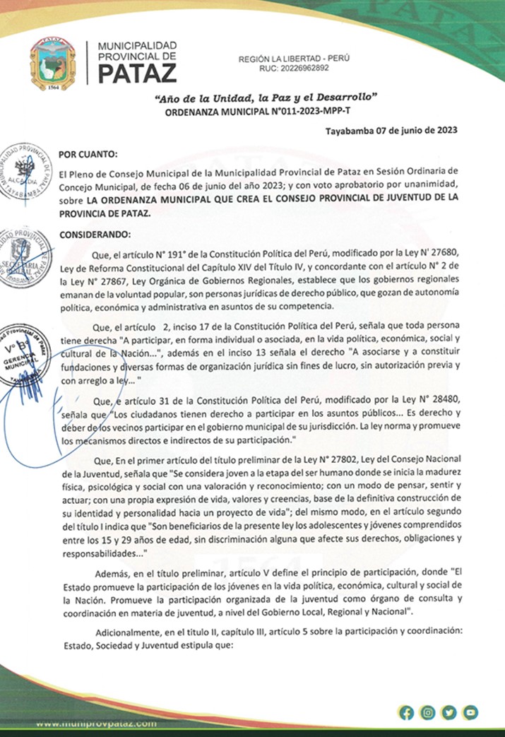 Vista preliminar de documento ORDENANZA MUNICIPAL Nº 011-2023-MPP-T